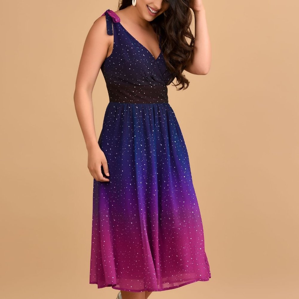Ombre Star Print Georgette Shoulder Ties Dress